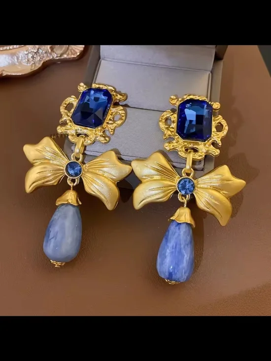 Gold-Tone Earrings with Royal Blue and Cornflower Drop - Picture 5 of 12